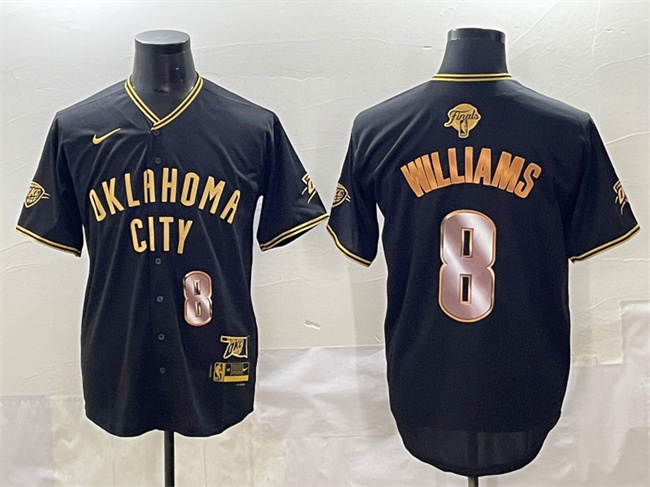 Men's Oklahoma City Thunder #8 Jalen Williams Black/Gold 2025 Finals Vapor Stitched Baseball Jersey
